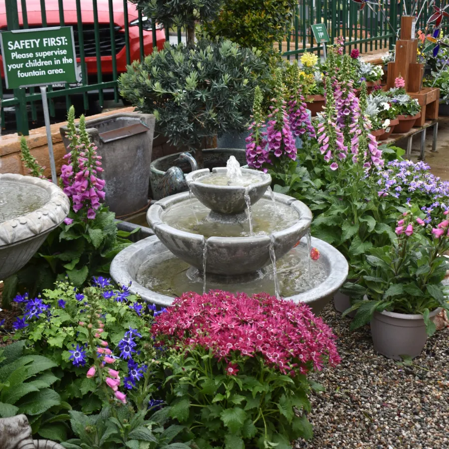Garden fountain surrounded by vibrant pink, purple, and blue flowers with safety and sale signs in background