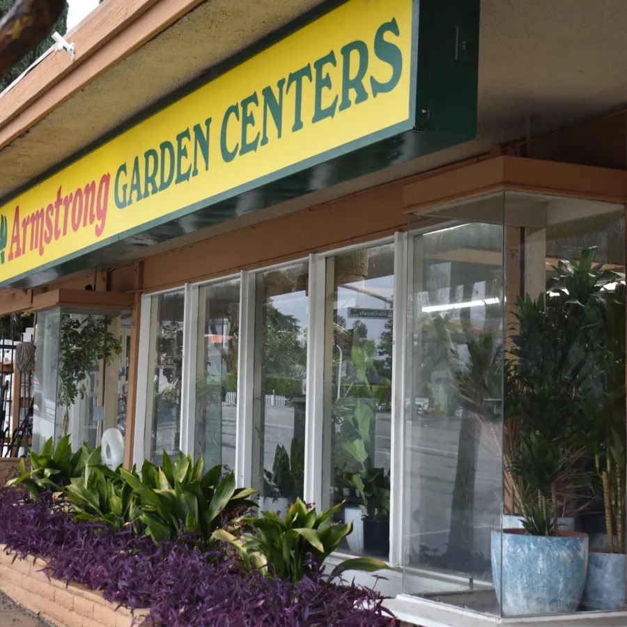 Exterior view of Armstrong Garden Centers storefront with plants and greenery on display outside.