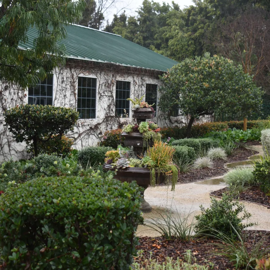 Lush garden with trimmed bushes, winding path, and white building featuring green roof and large windows.