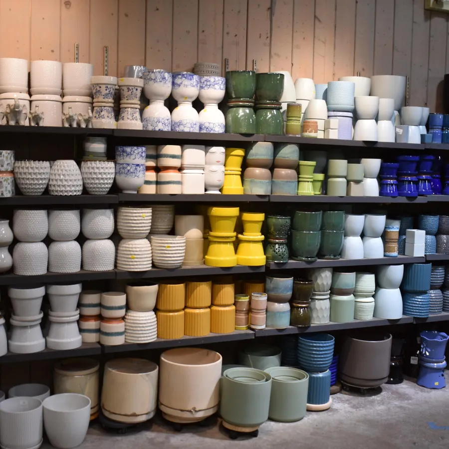 Shelves filled with various ceramic pots and planters in multiple colors and designs against wooden wall