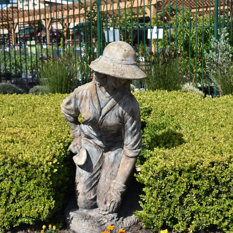 Stone statue of a gardener kneeling among yellow flowers and green bushes in a sunny garden area.