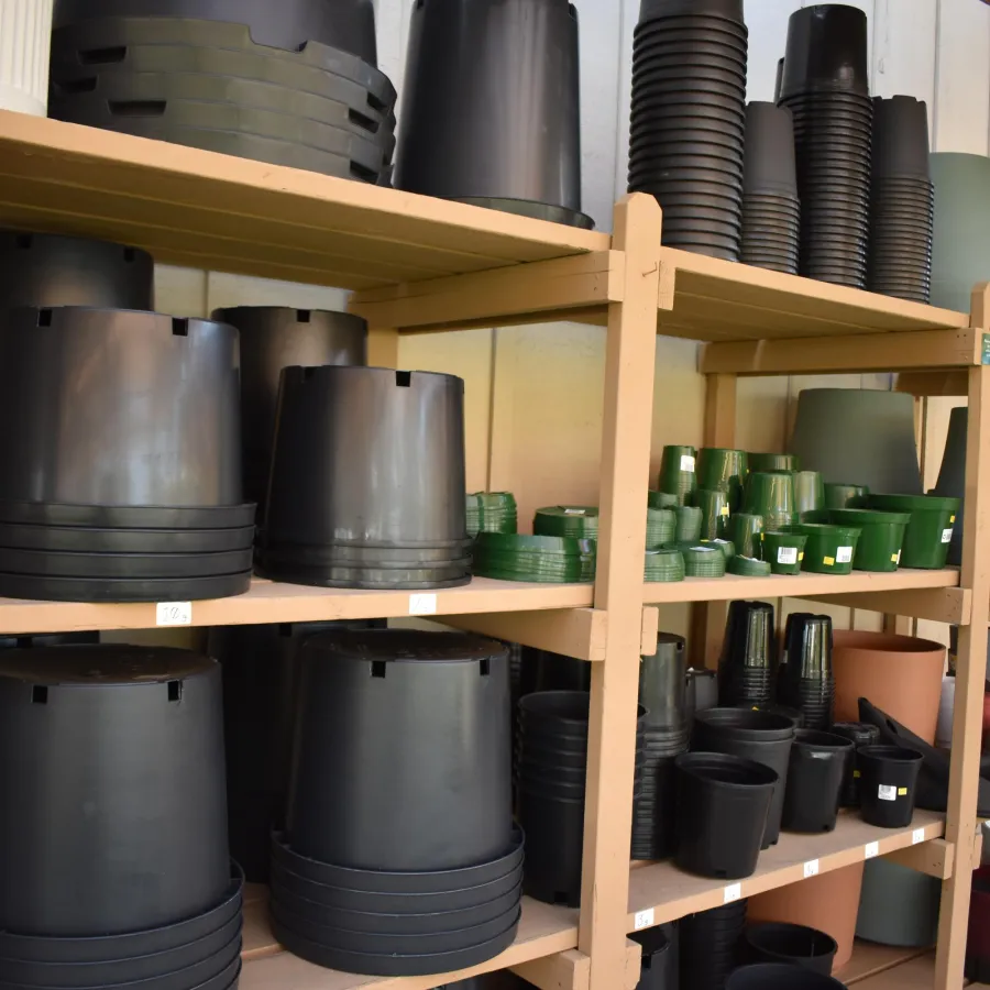 Shelving units filled with various sizes of black and green plastic plant pots in a garden center.