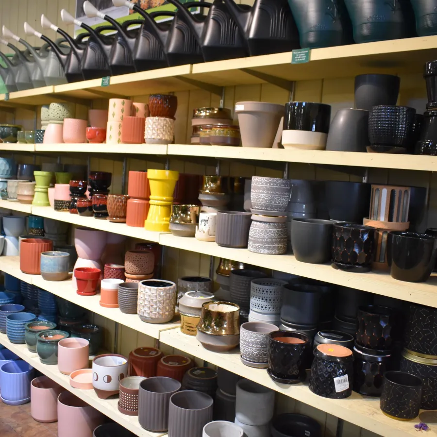 Shelves filled with colorful ceramic pots, planters, and watering cans in a garden store display.