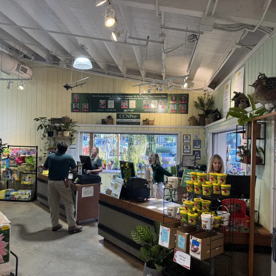 Busy flower shop interior with employees assisting customers, colorful seeds and plant products on display.