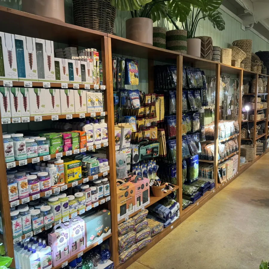 Shelves in a store aisle display gardening supplies, plant care products, and woven baskets under natural light.