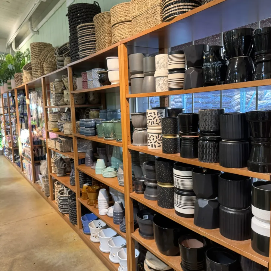 Shelves filled with various ceramic pots, planters, and woven baskets in a garden store aisle.