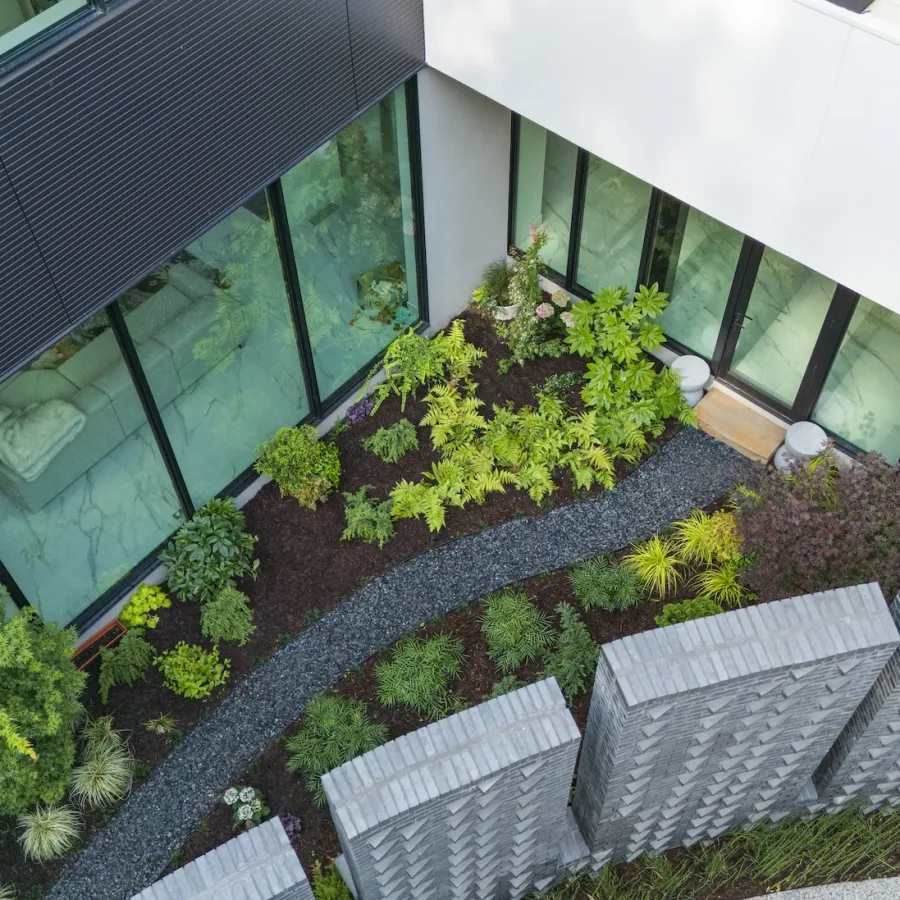 Modern courtyard garden with a winding gravel path, diverse green plants, and large windows in a building.