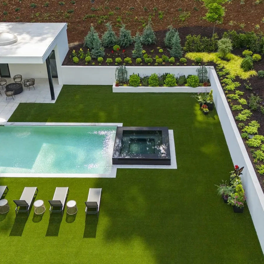 Modern backyard with rectangular pool, spa, sun loungers, green lawn, and landscaped garden beds.