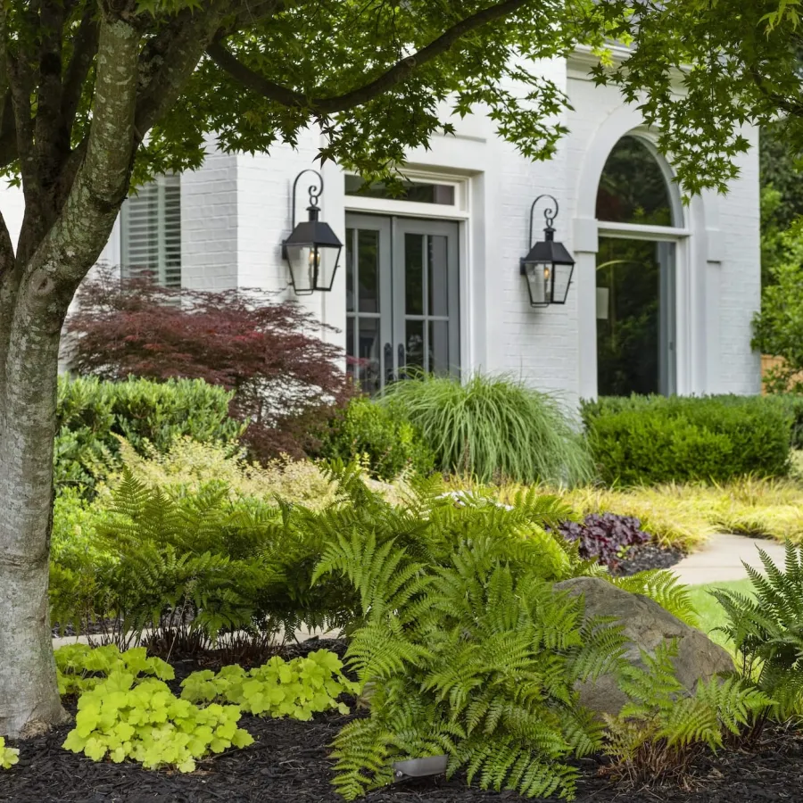 Lush garden with ferns, shrubs, and trees in front of a white house with lanterns and arched windows