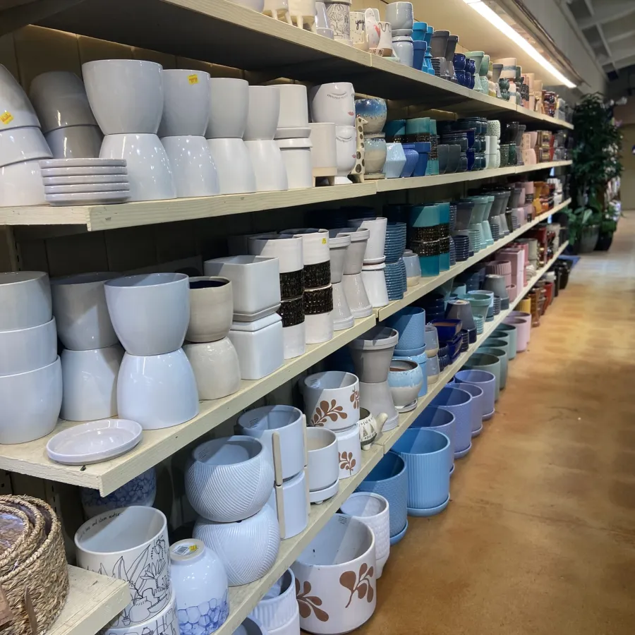 Shelves filled with various ceramic pots and planters in different shapes, sizes, and colors in a store aisle.