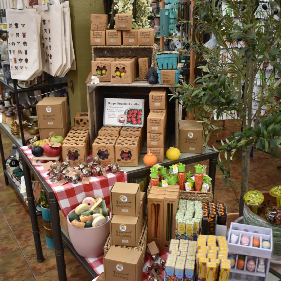 Display of assorted packaged and decorative items arranged on tables with green plants and flowers indoors.