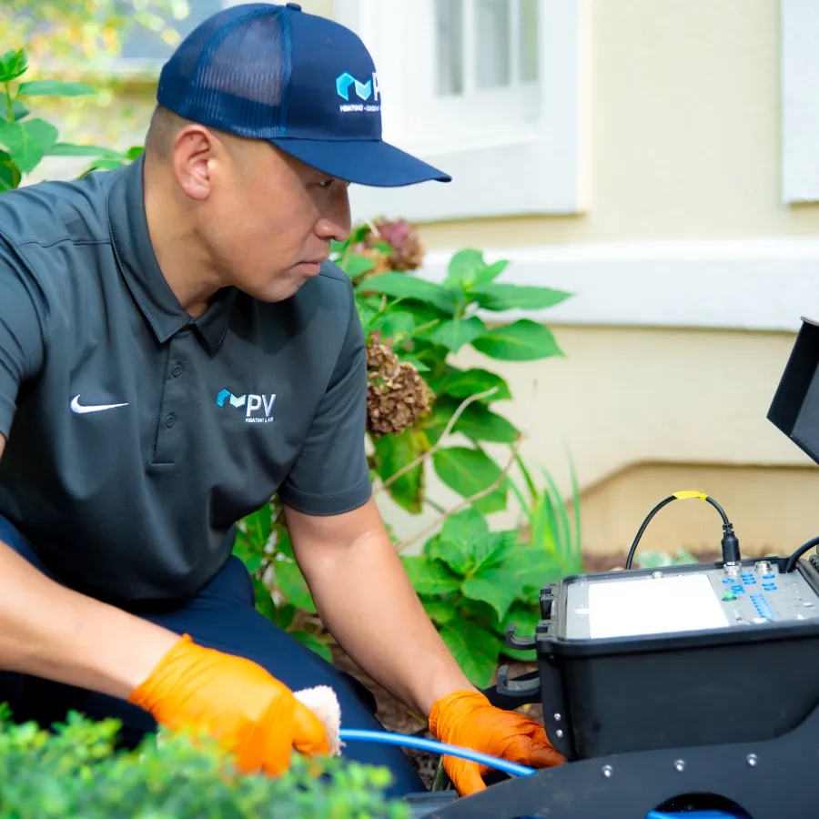 Technician in uniform and gloves using diagnostic equipment outdoors near a house wall and plants.