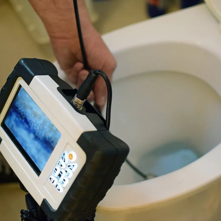 Plumber using a video inspection camera to check inside a toilet bowl and drain for blockages or damage.