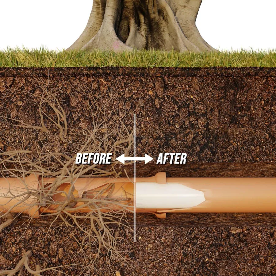 Cross-section of underground pipe under tree roots showing before and after pipe cleaning or repair.