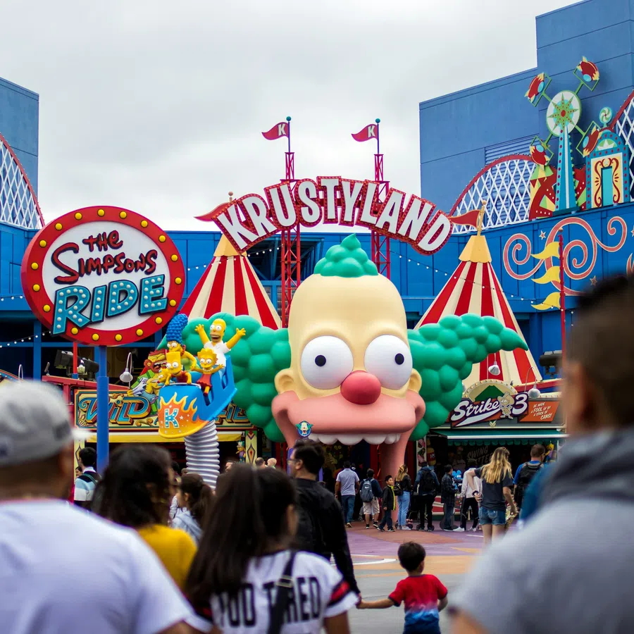 Crowd gathered at The Simpsons Ride entrance with large Krustyland sign and colorful blue facade under cloudy sky.