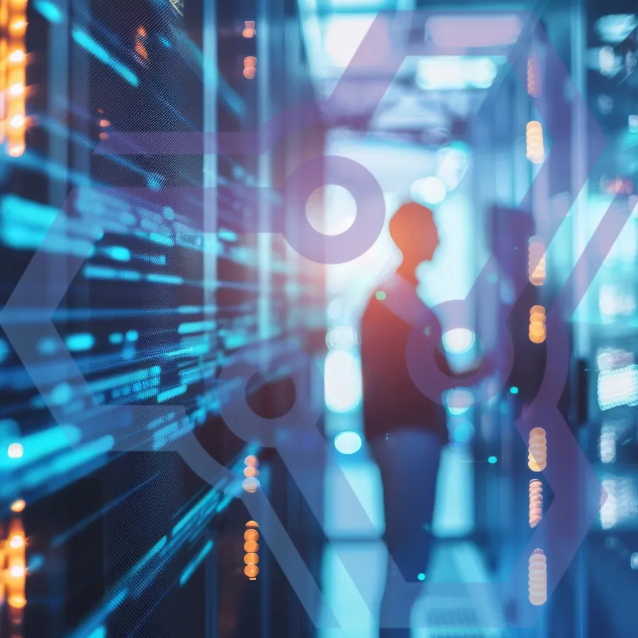 a person standing in a server room