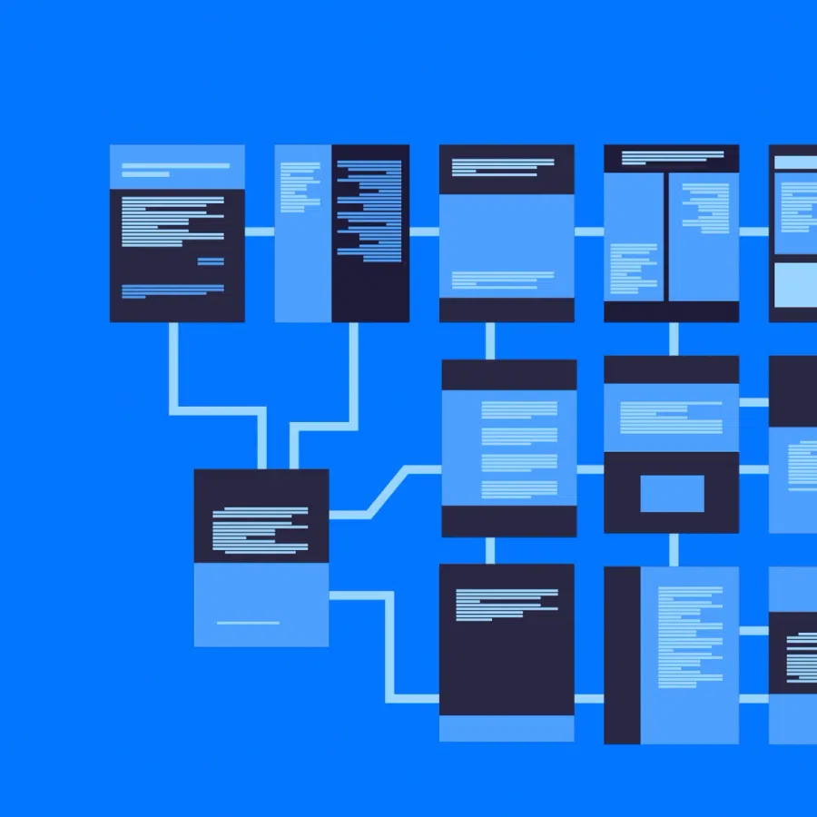 Diagram of a website sitemap with connected blue and black boxes representing pages and navigation flow.