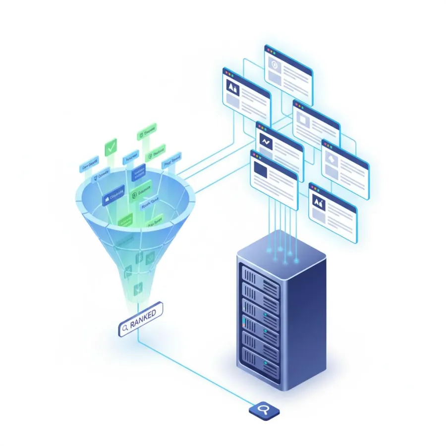 Illustration of data filtering through a funnel, processed by a server, and displayed as ranked search results in web windows.