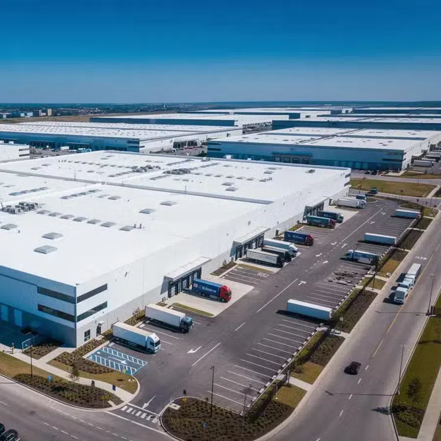 Aerial view of a large industrial warehouse complex with multiple loading docks and parked trucks under clear blue sky.