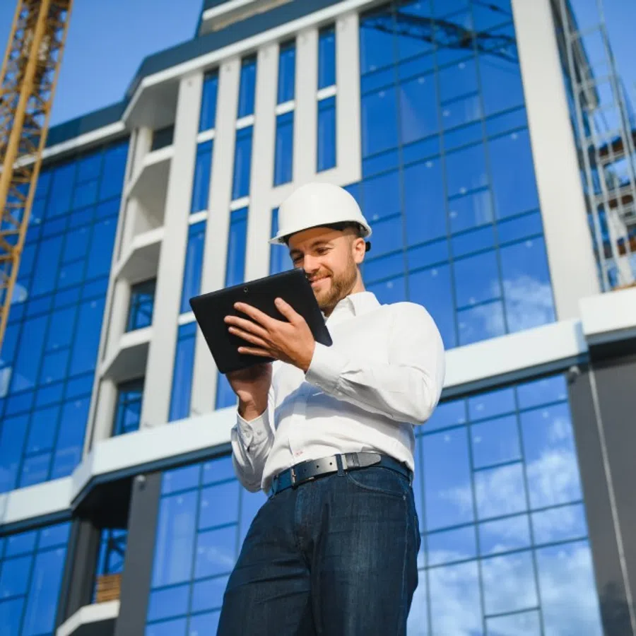 Smiling male architect wearing white hard hat using tablet at modern construction site with glass building.
