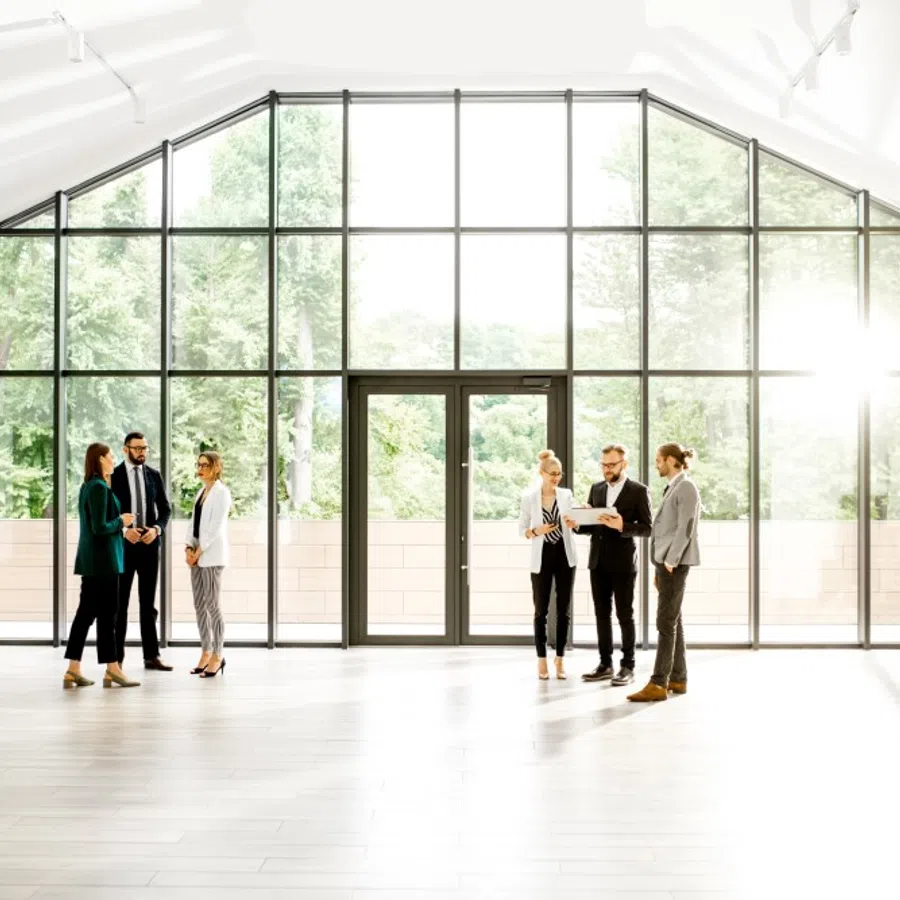 Six business professionals standing and talking in a bright modern office with large floor-to-ceiling windows and natural light.