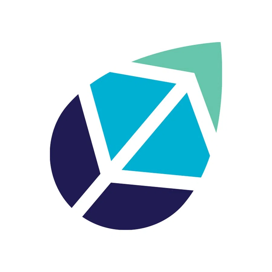 Abstract circular logo with segmented blue and teal geometric shapes forming an upward arrow design