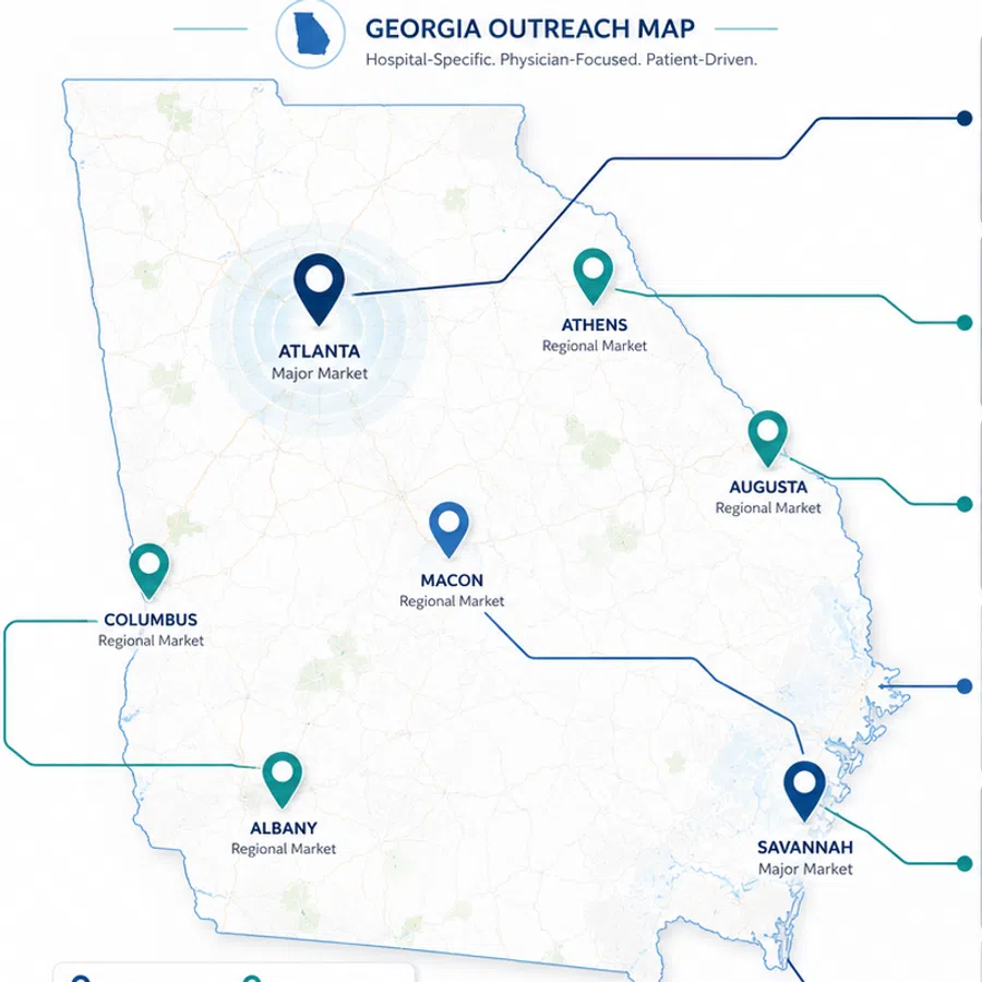 Georgia map highlighting major and regional healthcare markets including Atlanta, Savannah, Athens, Augusta, Macon, Columbus, and Albany.