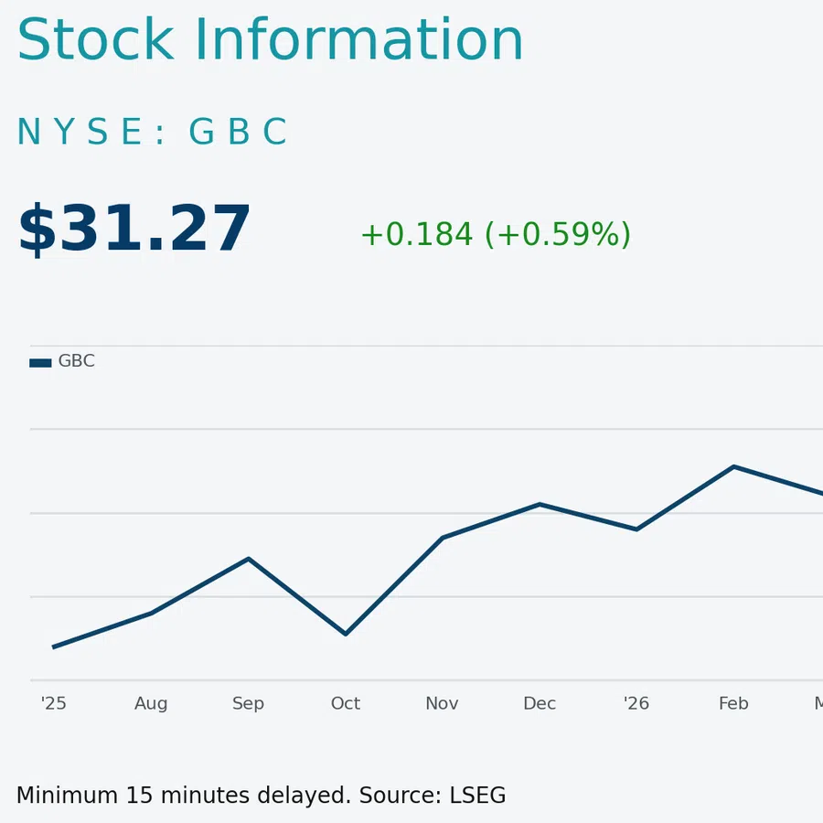 Line chart showing GBC stock rising from $25 to over $31 between 2025 and June 2026 with positive growth.