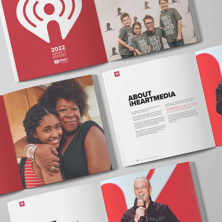 Open iHeartMedia 2022 Impact Report featuring diverse people and company information pages.