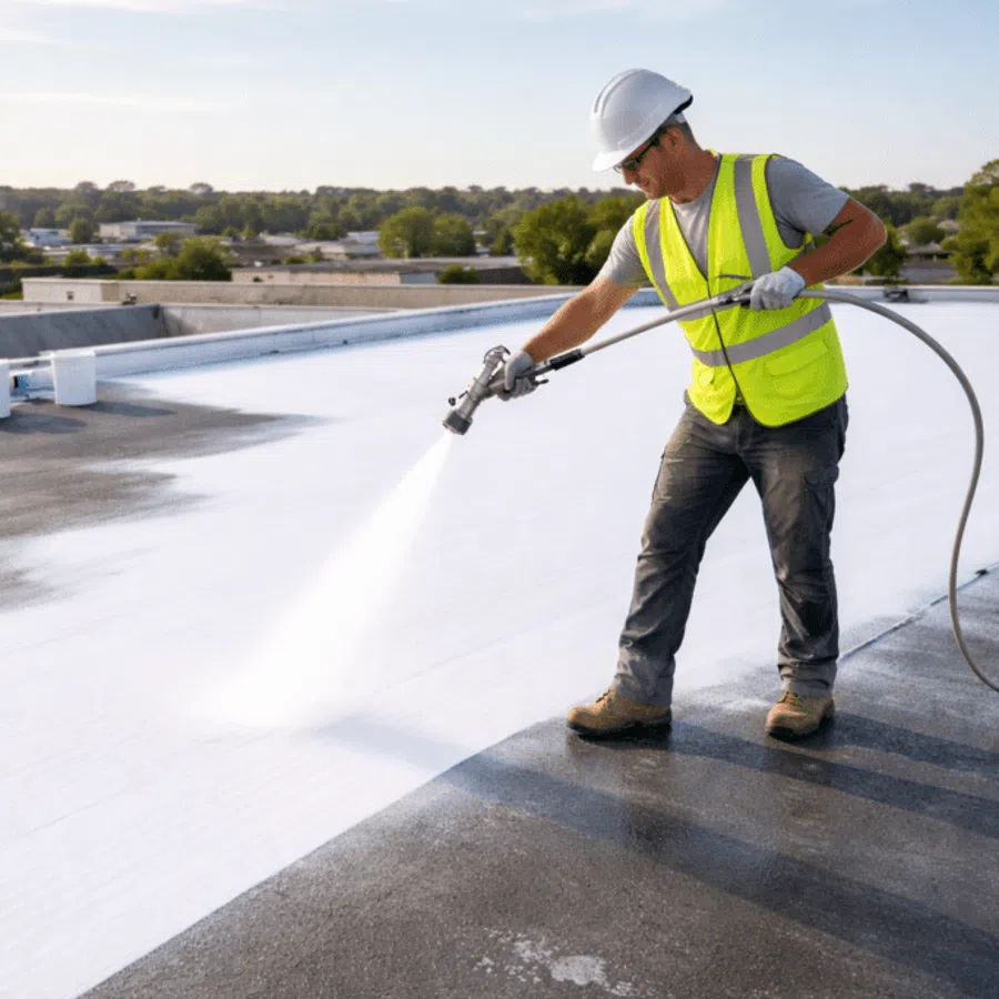 Construction worker in safety gear spraying white coating on flat rooftop under clear sky.