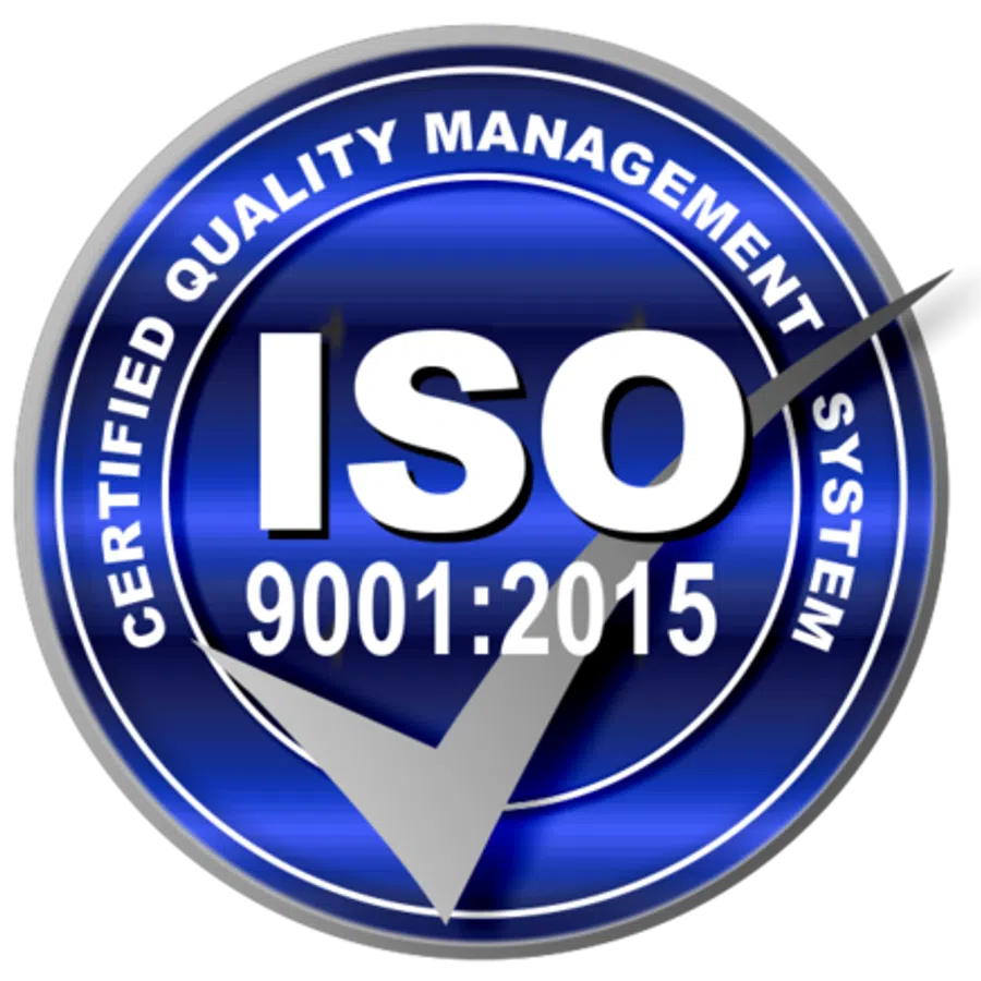 ISO 9001:2015 certified quality management system blue round badge with a silver check mark.