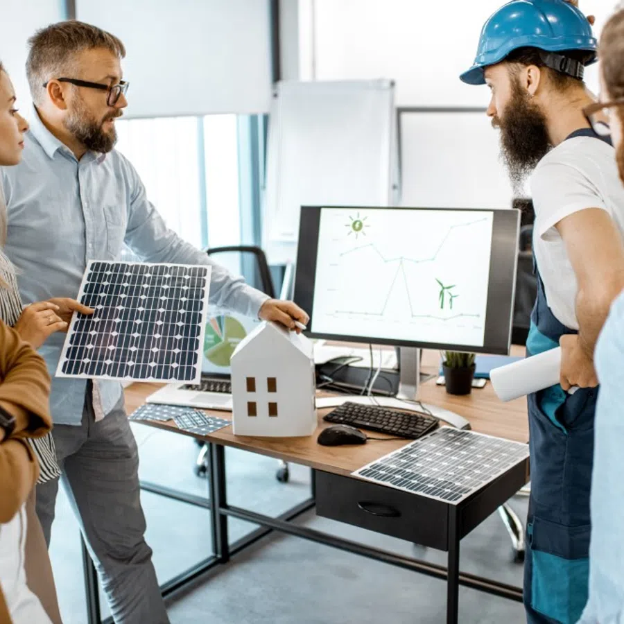 Team discussing solar panel efficiency and renewable energy with solar panels and a home model in office setting.