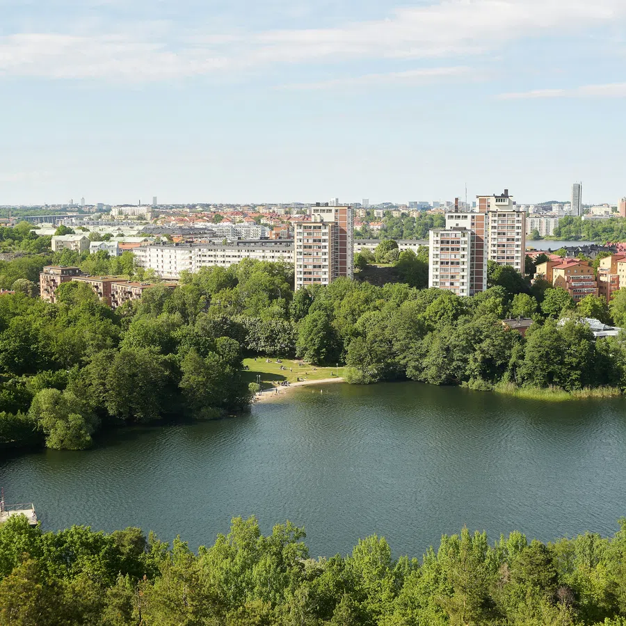 City skyline with residential buildings overlooking a lush green park and a serene lake under blue sky.