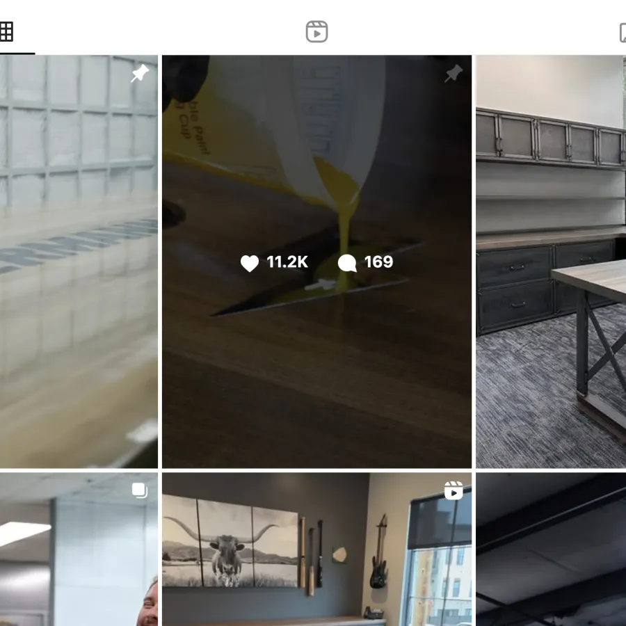 Wooden table with clear finish being sprayed, epoxy resin poured on wood, and modern office desk with metal frame