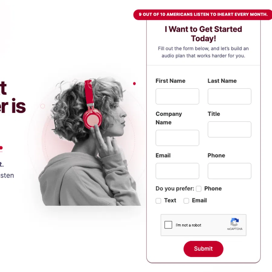 Website page featuring iHeart Media audio advertising stats and a form to get started with audio plans.