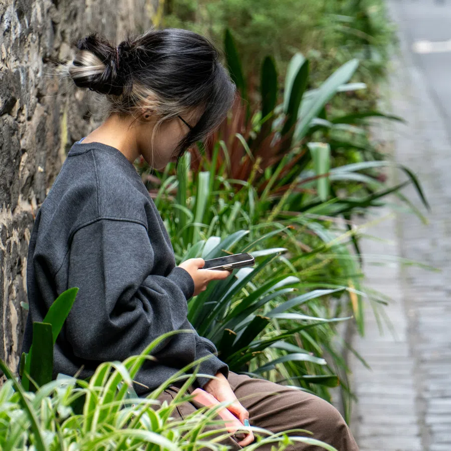 Person sitting by a stone wall, surrounded by green plants, looking at their smartphone outdoors.