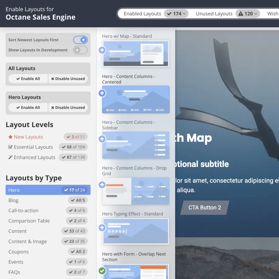 Screenshot of Octane Sales Engine interface showing layout options and a scuba diver hero image with contact details.