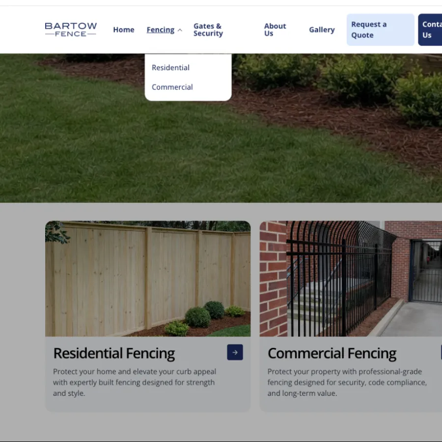 Website homepage showing Bartow Fence menu and options for residential and commercial fencing with images.