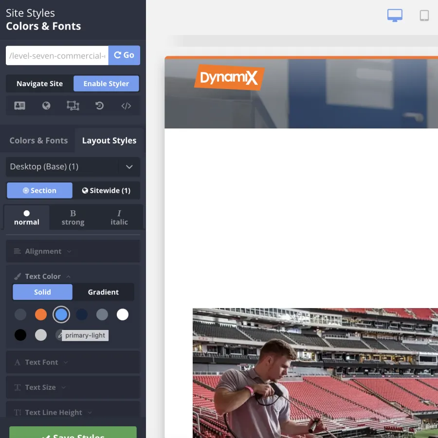 Website design interface showing a commercial cleaning company's summary section with orange heading and sidebar navigation.