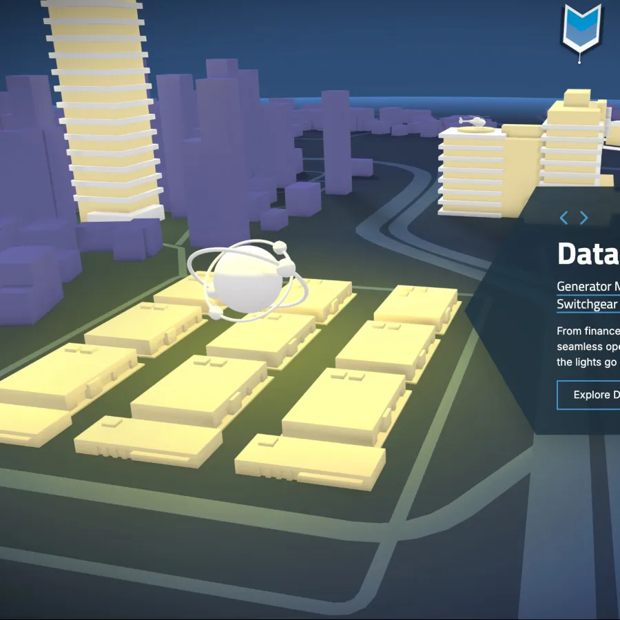 3D digital map of data center buildings highlighting generator maintenance and transfer switch services.
