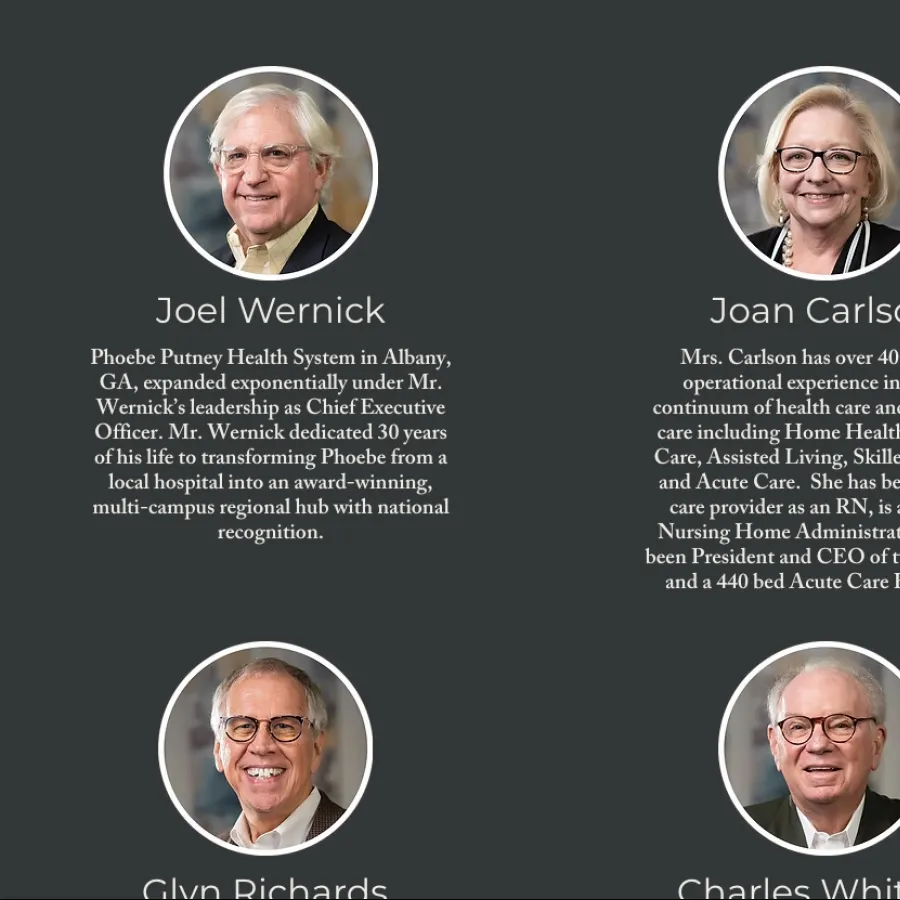 Four board members with portraits and bios on a dark background under the title Board of Directors.