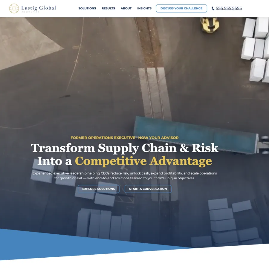 Aerial view of a shipping container and stacked cargo boxes at a logistics yard with supply chain consulting text overlay.