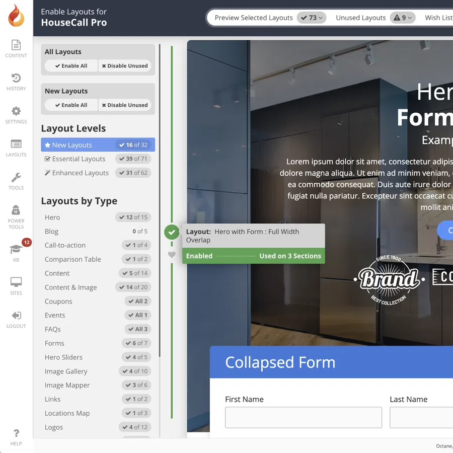 User interface of HouseCall Pro showing enabled hero form layout with kitchen background and form fields.