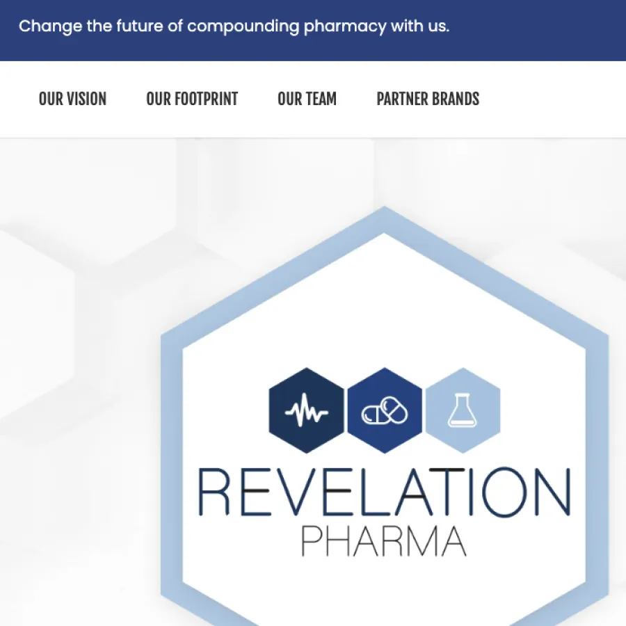 Revelation Pharma logo with hexagon icons of heartbeat, pills, and flask on white hexagonal background