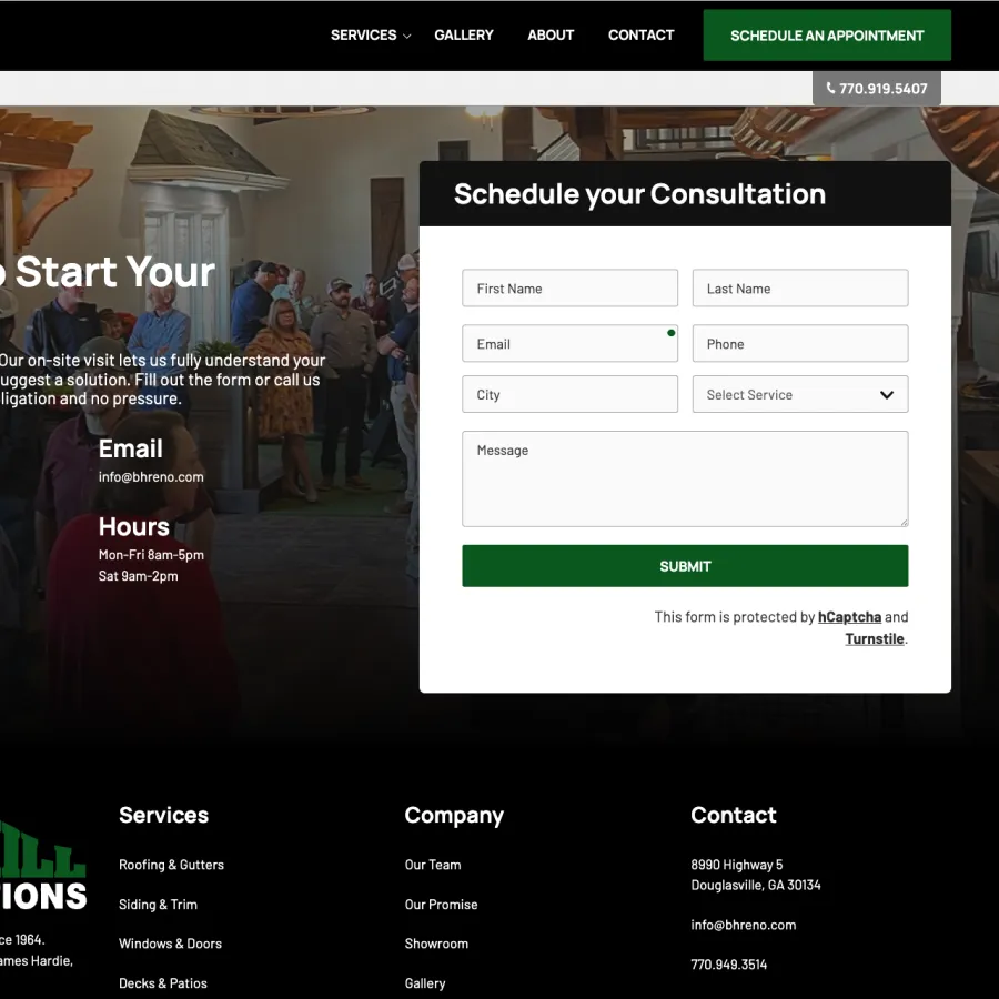 Home renovation consultation page with contact form and information for Ben Hill Renovations in Georgia.