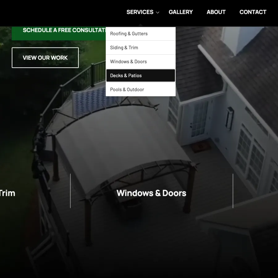 Aerial view of a house showing roofing, gutters, siding, trim, windows, doors, decks, patios, and outdoor pool area.