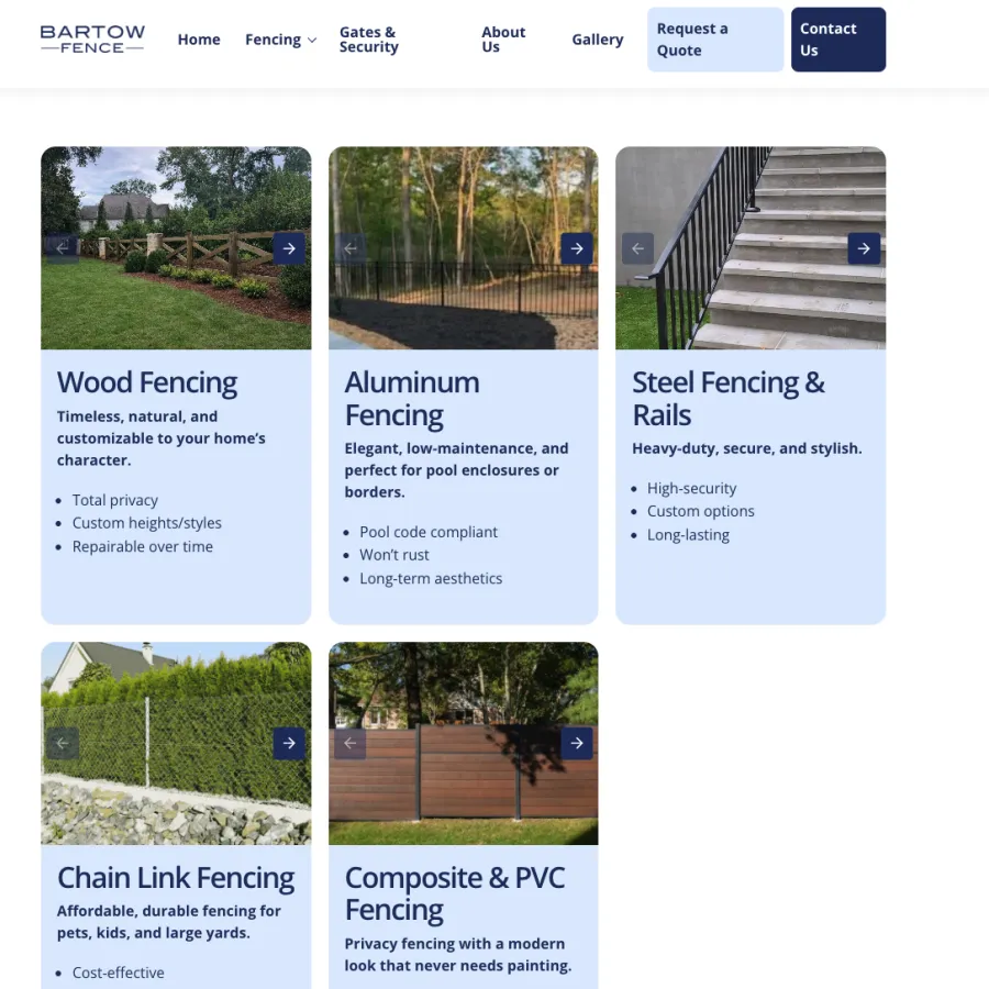 Various fencing types including wood, aluminum, steel, chain link, and composite fencing with features and benefits