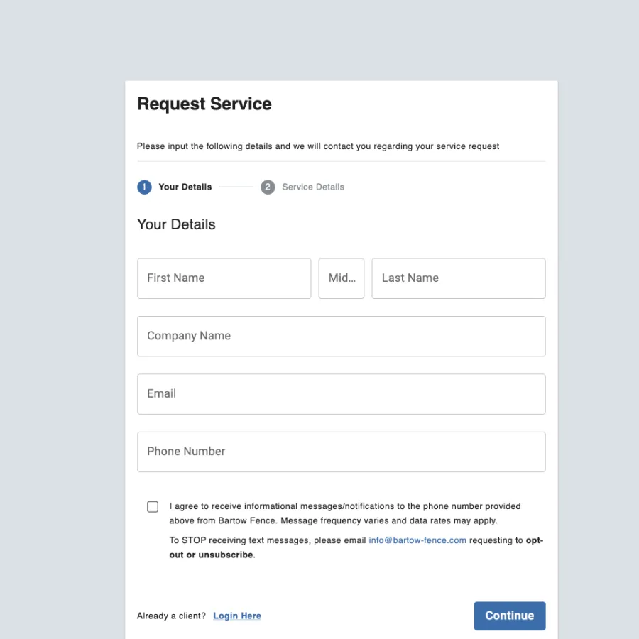 Online service request form asking for user details including name, company, email, and phone number with consent checkbox.