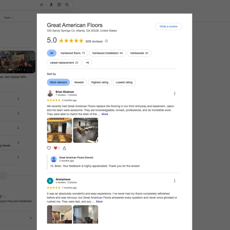 Google reviews page showing positive feedback and high ratings for Great American Floors flooring services.