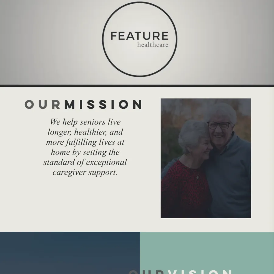 Feature Healthcare mission and vision statements with senior couples and a logo emphasizing exceptional caregiver support.